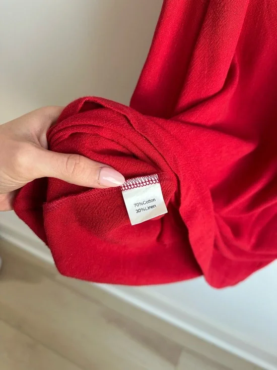 Red Sleeveless Shift Cotton/Linen Blend Dress - Classic Women's Dress - Picture 7 of 7